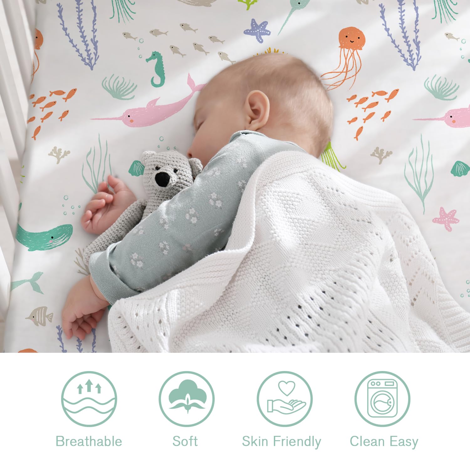 Little Grape Land pastel ocean crib sheet close-up texture, breathable microfiber for comfy sleep.