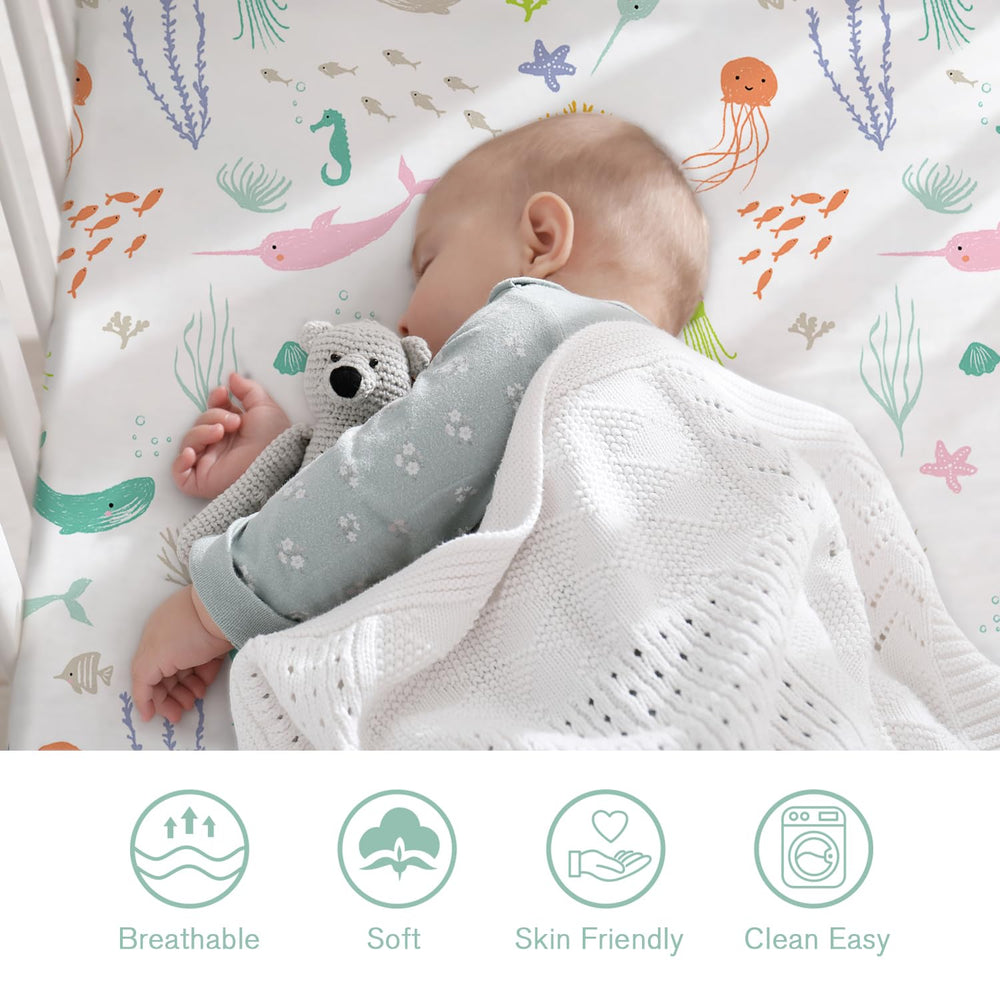 Little Grape Land pastel ocean crib sheet close-up texture, breathable microfiber for comfy sleep.