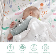 Little Grape Land pastel ocean crib sheet close-up texture, breathable microfiber for comfy sleep.