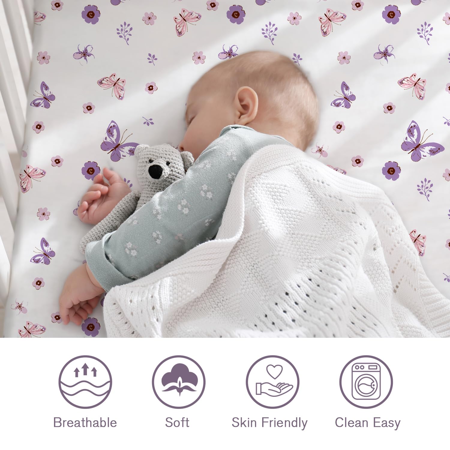 Little Grape Land crib sheets girl 4-pack floral-butterfly-detail communicates charming design for baby girl's room