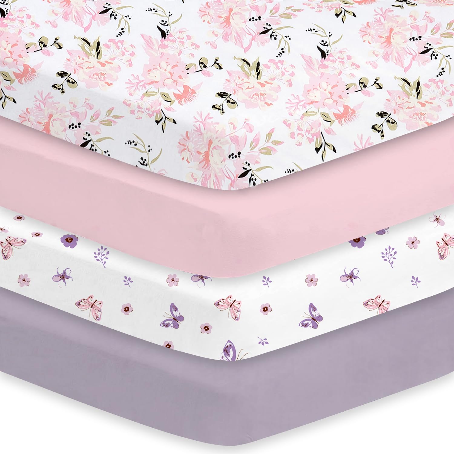 Little Grape Land crib sheets girl 4-pack packshot highlighting easy-care convenience for busy parents