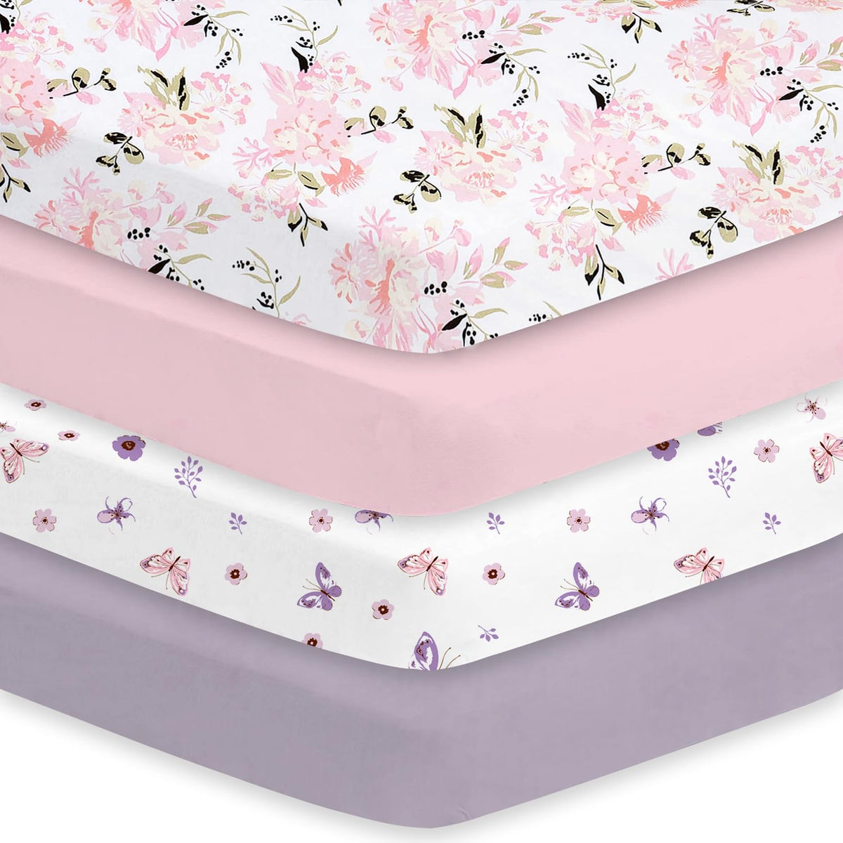 Little Grape Land crib sheets girl 4-pack packshot highlighting easy-care convenience for busy parents
