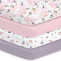 Little Grape Land crib sheets girl 4-pack packshot highlighting easy-care convenience for busy parents