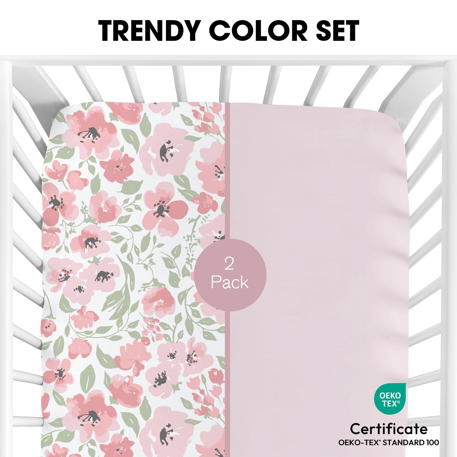 Little Grape Land Daliah crib sheets on mattress demonstrate snug fit with 8-inch pocket.