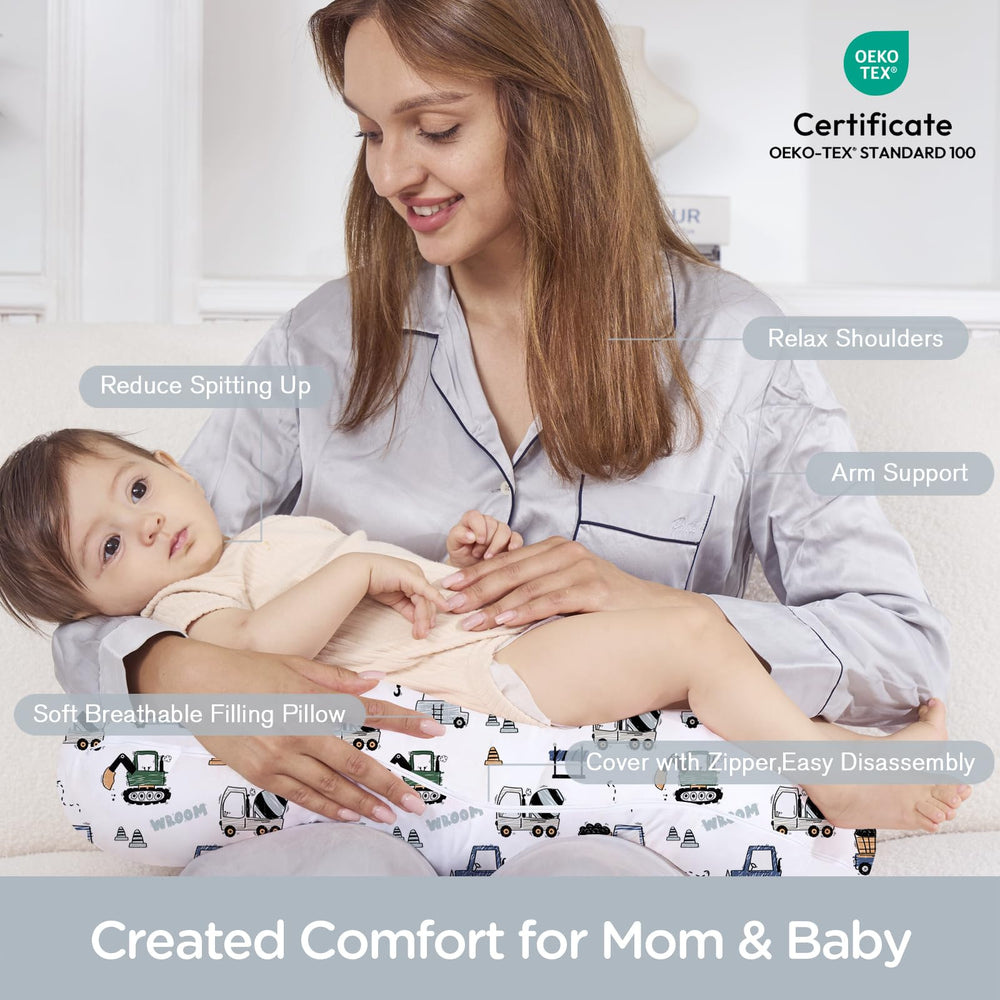 Little Grape Land ergonomic nursing pillow demonstrates height aid for latch.