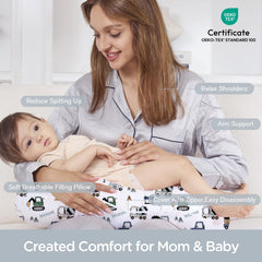 Little Grape Land ergonomic nursing pillow demonstrates height aid for latch.