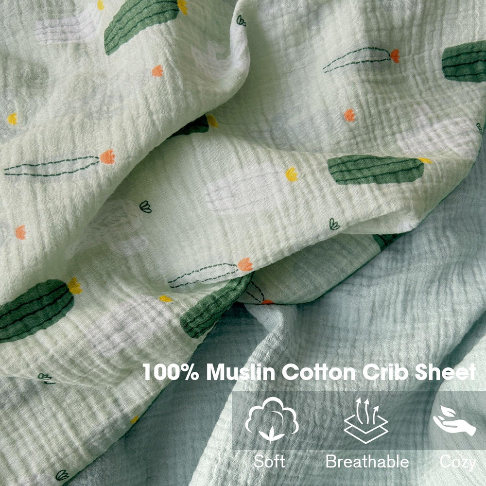 Little Grape Land muslin sheets two-pack keeps you stocked for quick changes.