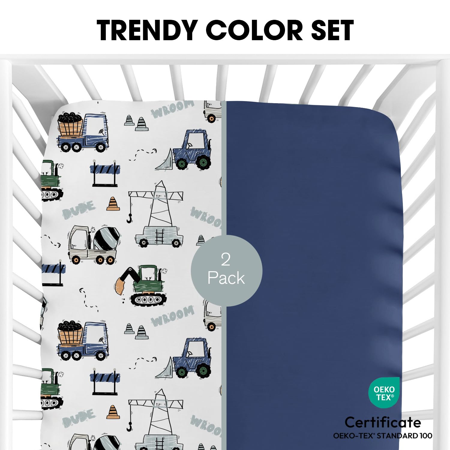 Little Grape Land navy-trucks pattern on sheets adds playful style to nurseries