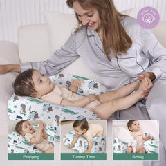 Little Grape Land nursing pillow side view shows high-loft support for closer baby positioning