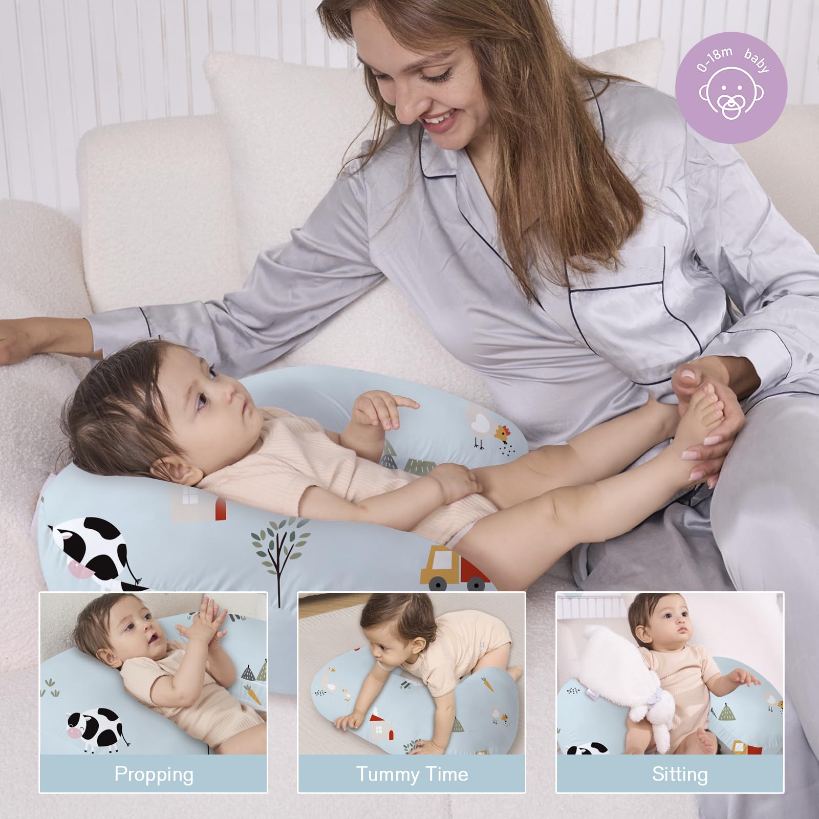 Little Grape Land nursing pillow Blue Ranch in use during breastfeeding for better posture