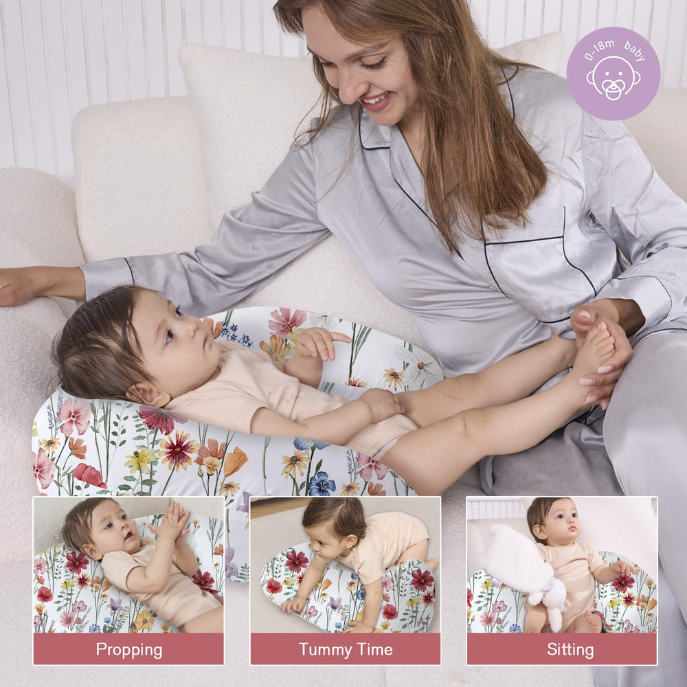Close-up of breathable fabric on Little Grape Land nursing pillow with removable cover.