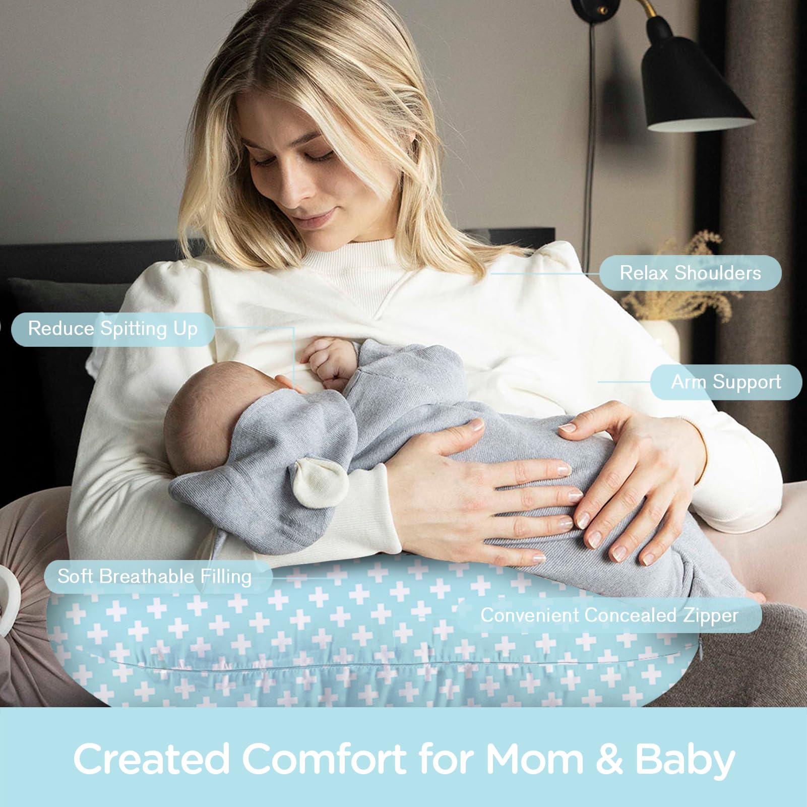 Little Grape Land nursing pillow demonstrates ergonomic feeding height for caregiver ease.