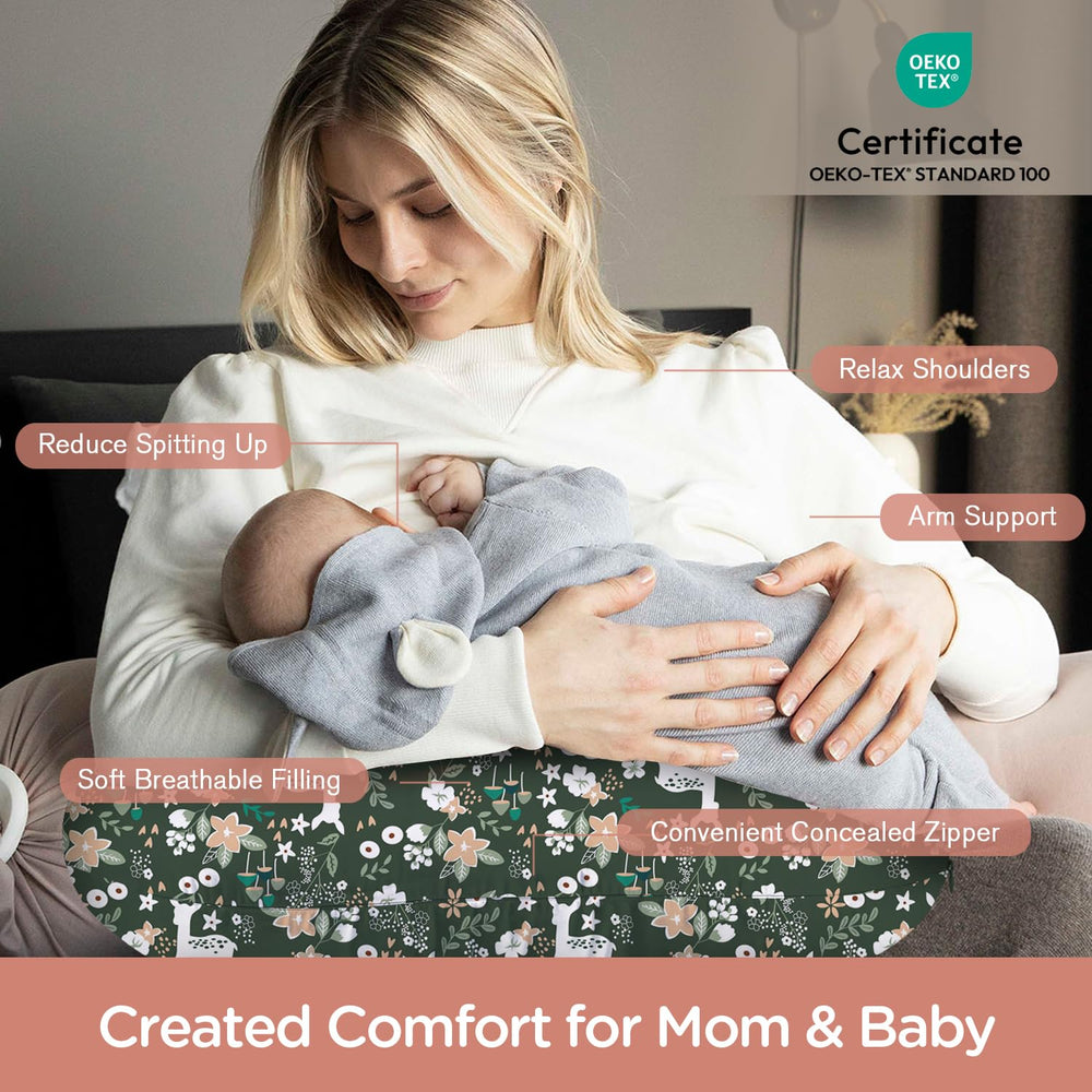 Little Grape Land nursing pillow Forest Deer closeup fabric emphasizes softness for baby comfort.