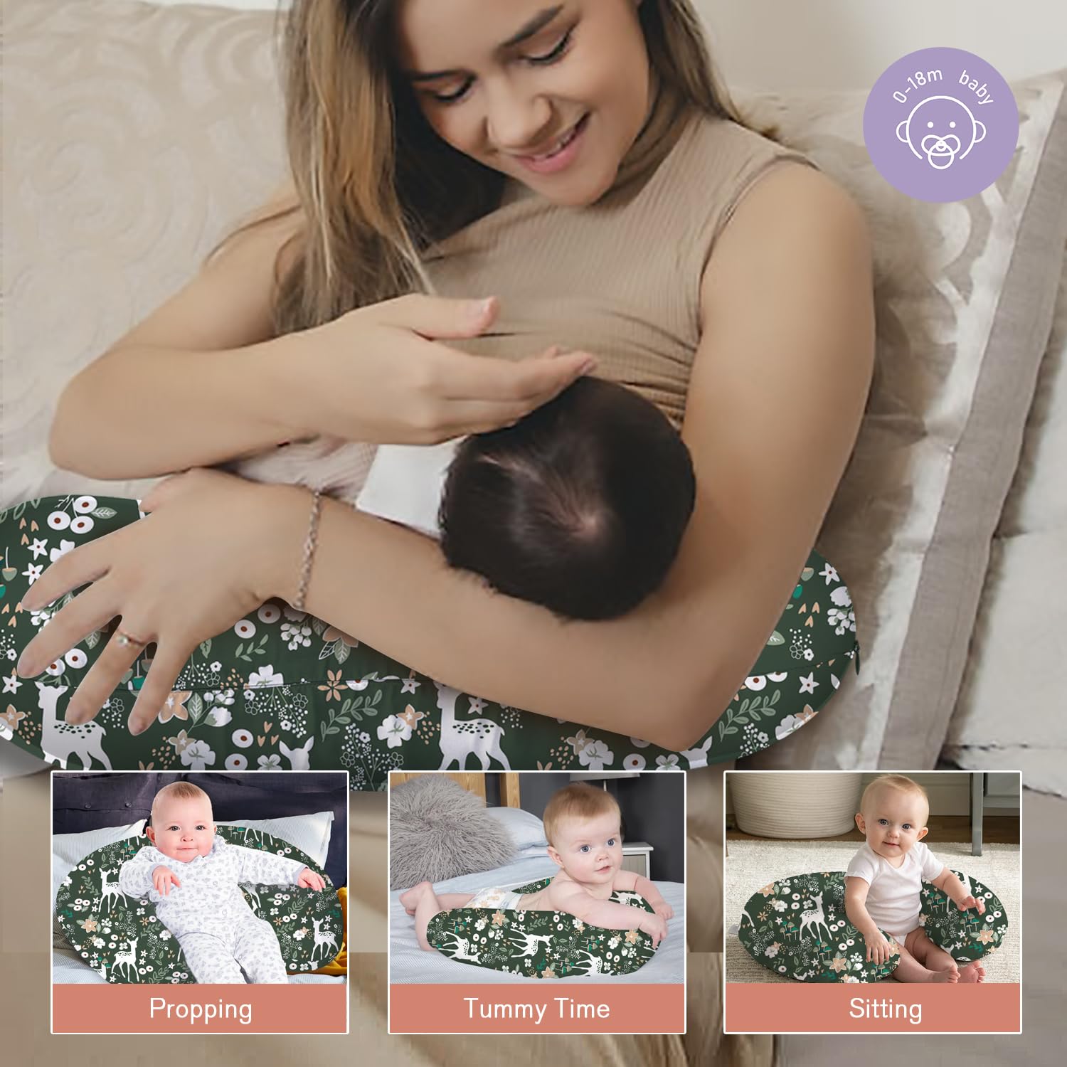 Little Grape Land nursing pillow Forest Deer use-propping demonstrates elevated feeding height for comfort.
