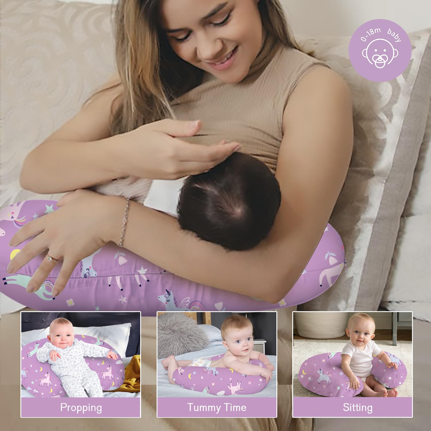 Little Grape Land multi-use pillow grows with baby, aiding tummy time and propping.