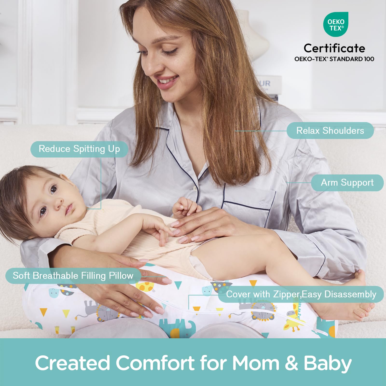 Little Grape Land nursing pillow features removable washable cover for easy care.