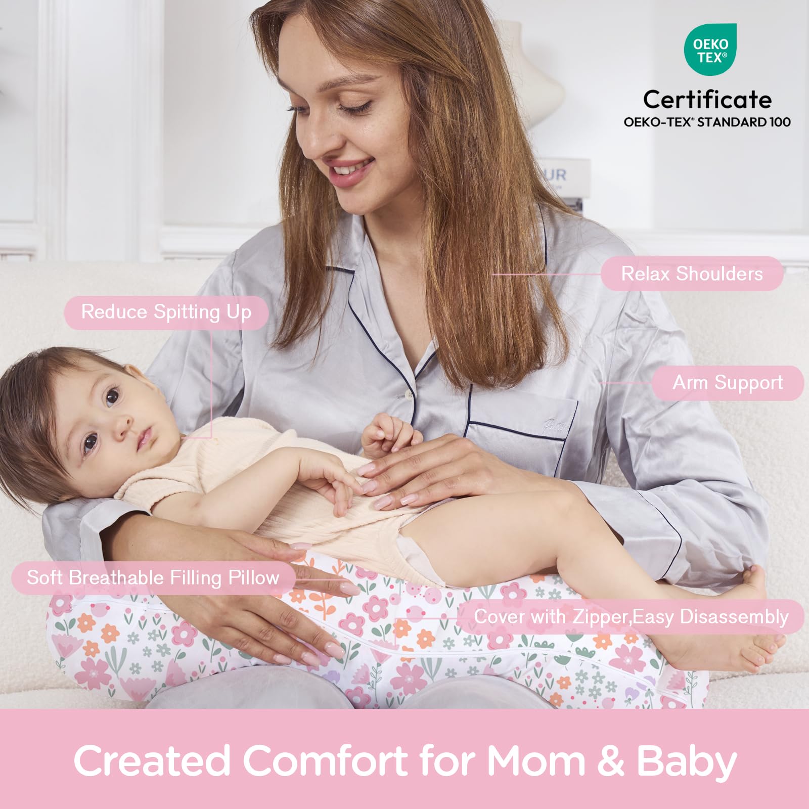 Little Grape Land nursing pillow side view shows lift and back support during feeding