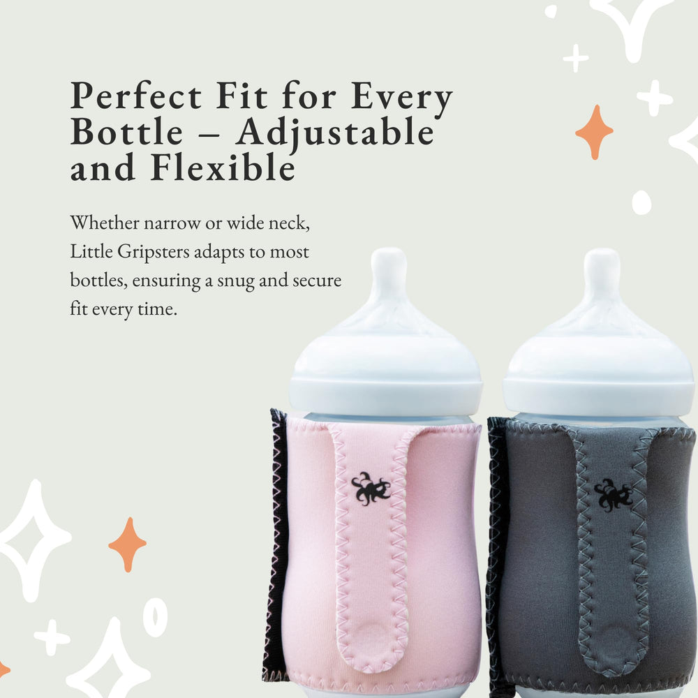 Baby holding bottle with Little Gripsters sleeve for confidence