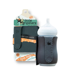 Little Gripsters pebble grey bottle sleeve on bottle for self-feeding practice