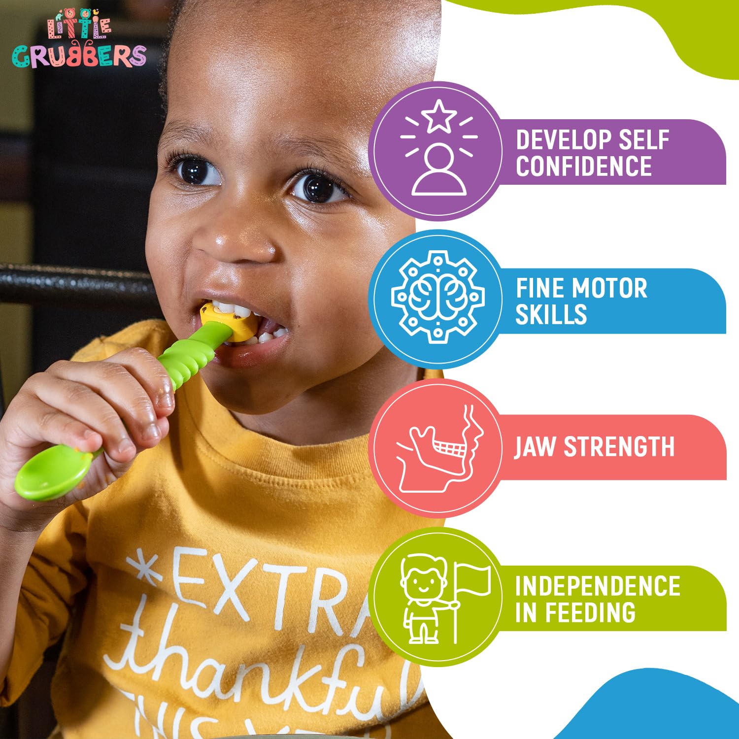 Little Grubbers BPA-free silicone spoon ready for dishwasher-safe cleaning after mess-free meals.