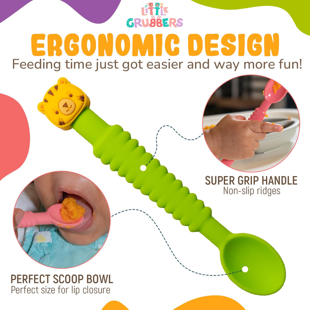 Little Grubbers tiger-spoon teether in use for soothing gums and encouraging exploration.