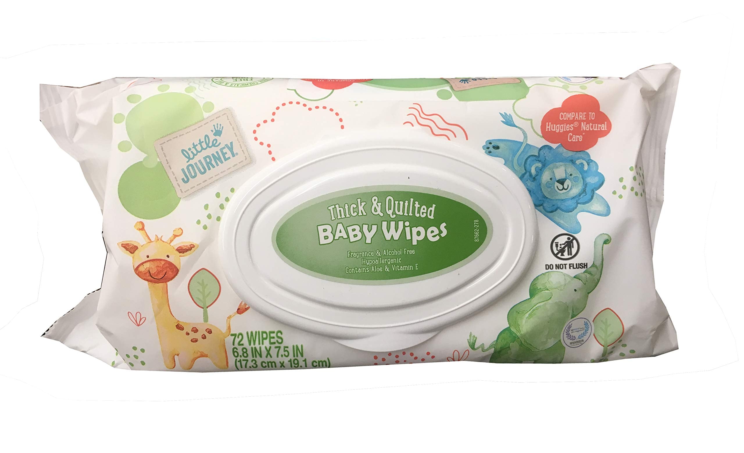 Little Journey Baby Wipes close-up shows soft texture with aloe and vitamin E.