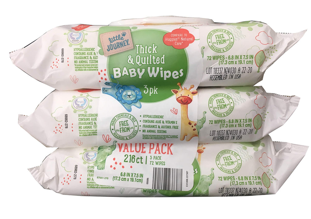 Little Journey Baby Wipes pack with three-count bundle, ideal for on-the-go diaper changes.