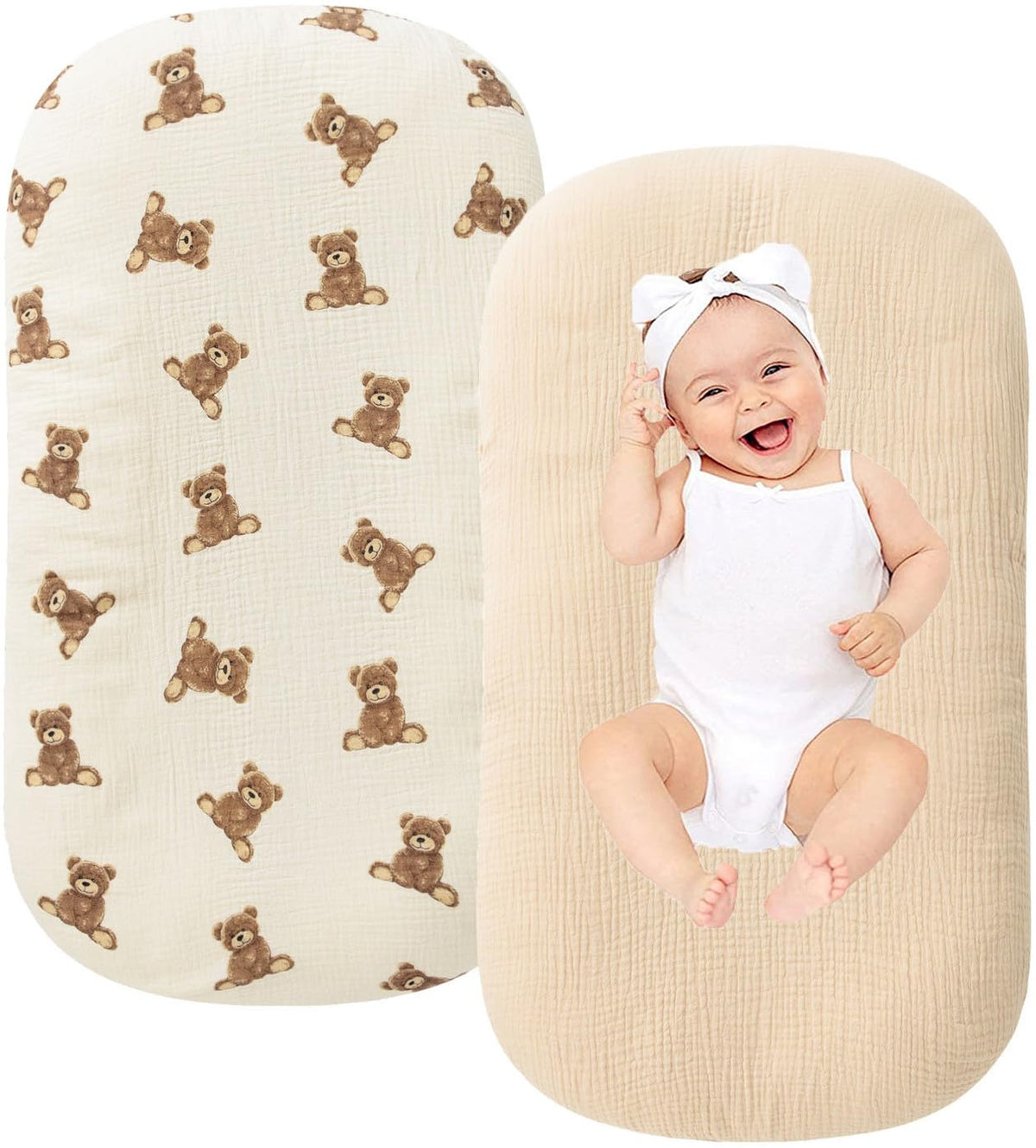 Little Jump teddy-bears closeup on coffee-checkered lounger cover for cozy baby moments.