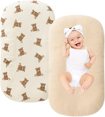 Little Jump teddy-bears closeup on coffee-checkered lounger cover for cozy baby moments.