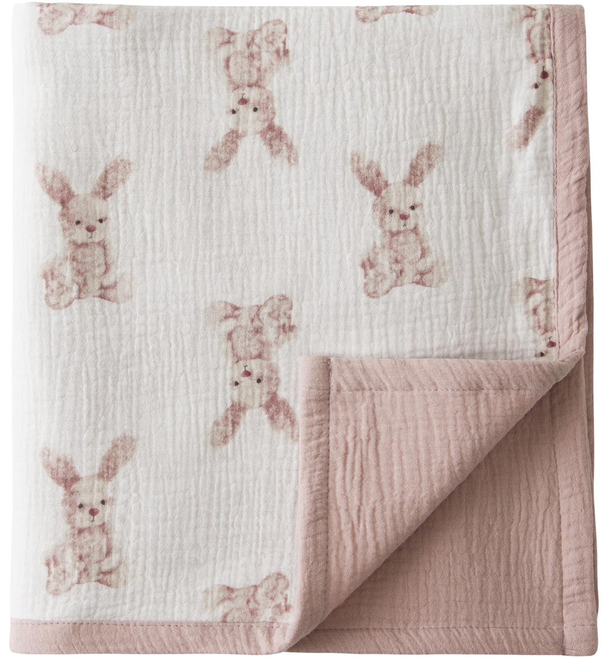 Little Jump Bunny blanket front view shows soft muslin for cozy, breathable baby warmth.