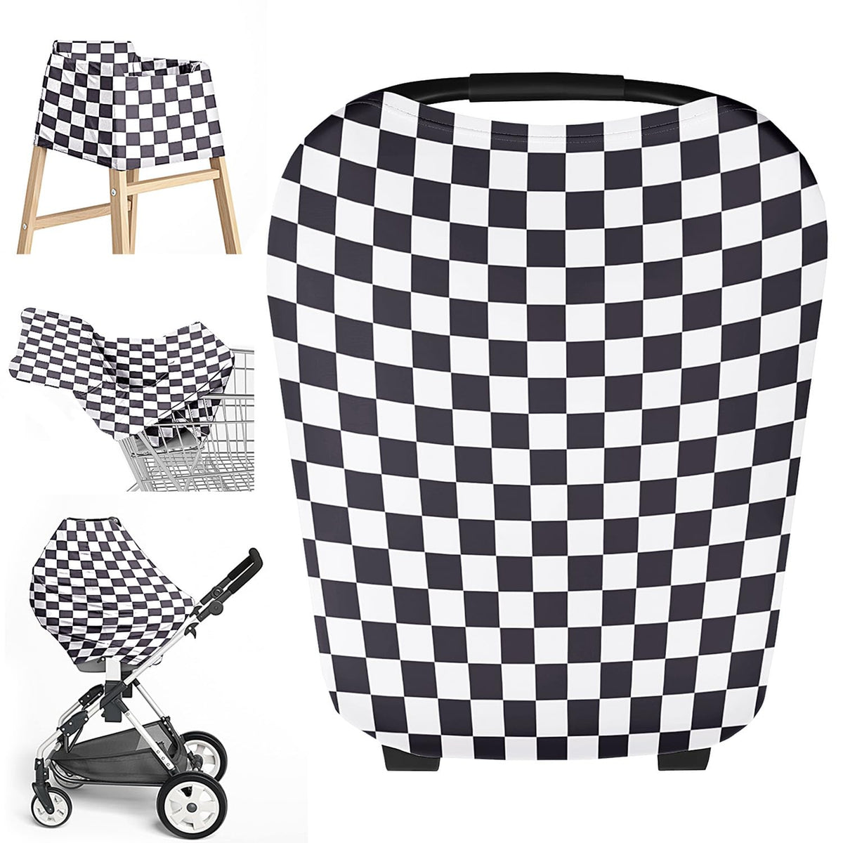 Little Jump carseat cover in black checkered fabric shields infant from sun and wind.