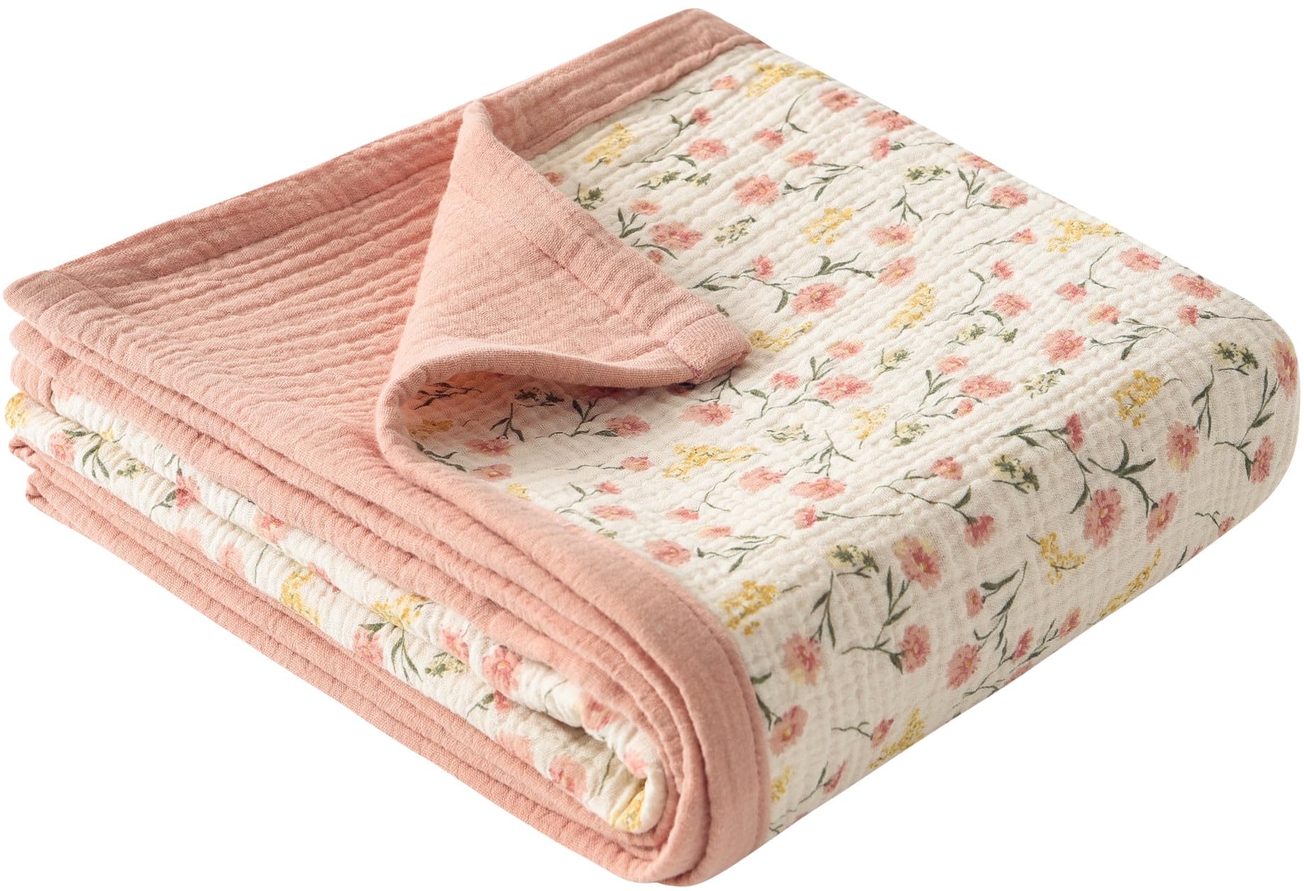 Little Jump muslin blanket peach floral closeup shows soft, breathable fabric for gentle baby cuddles.