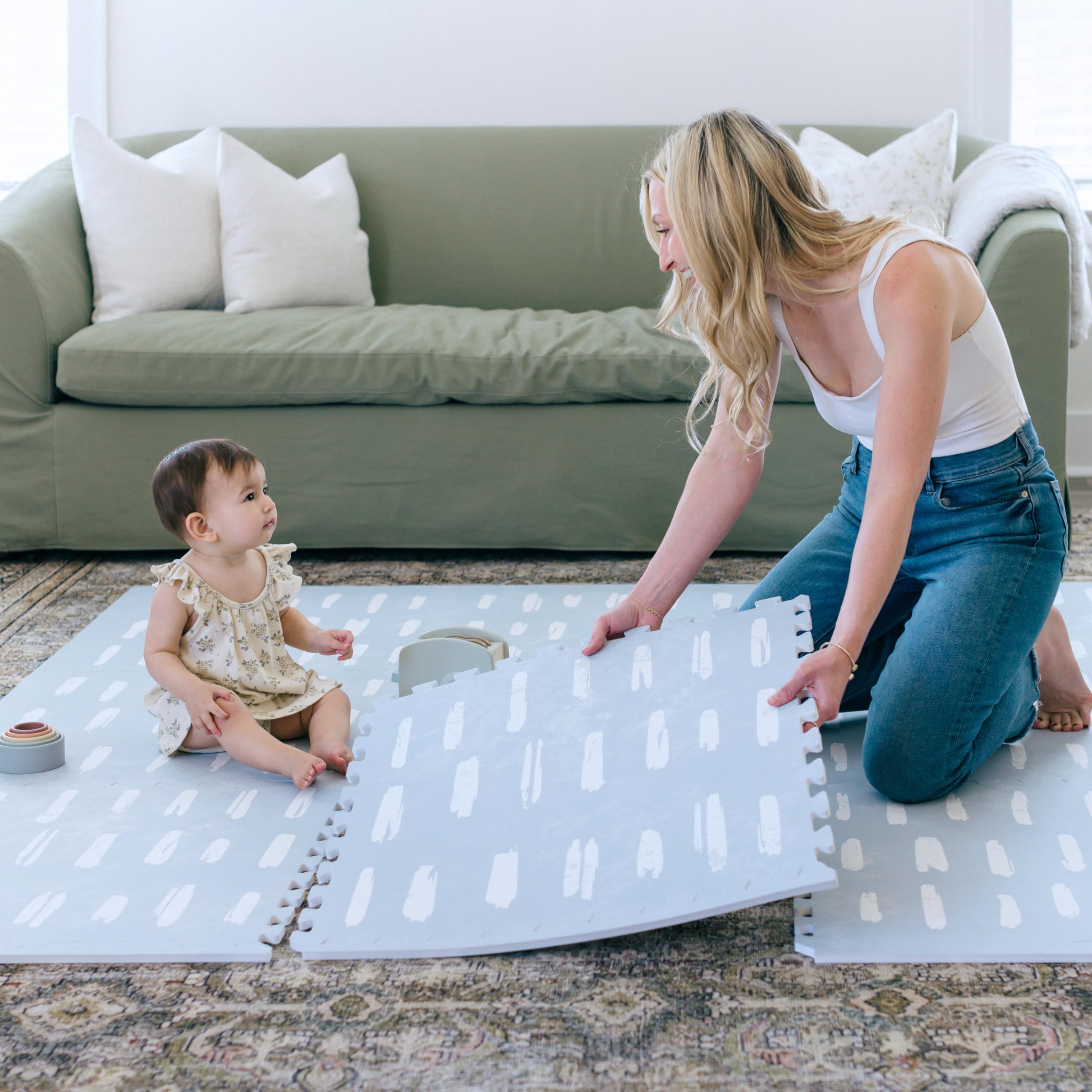 Little Landings mat’s non-slip backing helps keep it in place during play.