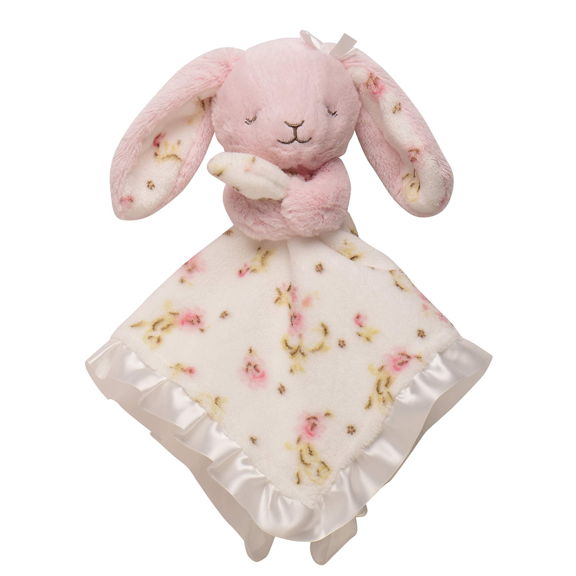 Little Me plush rattle bunny with satin snuggle blanket for soothing nighttime comfort.