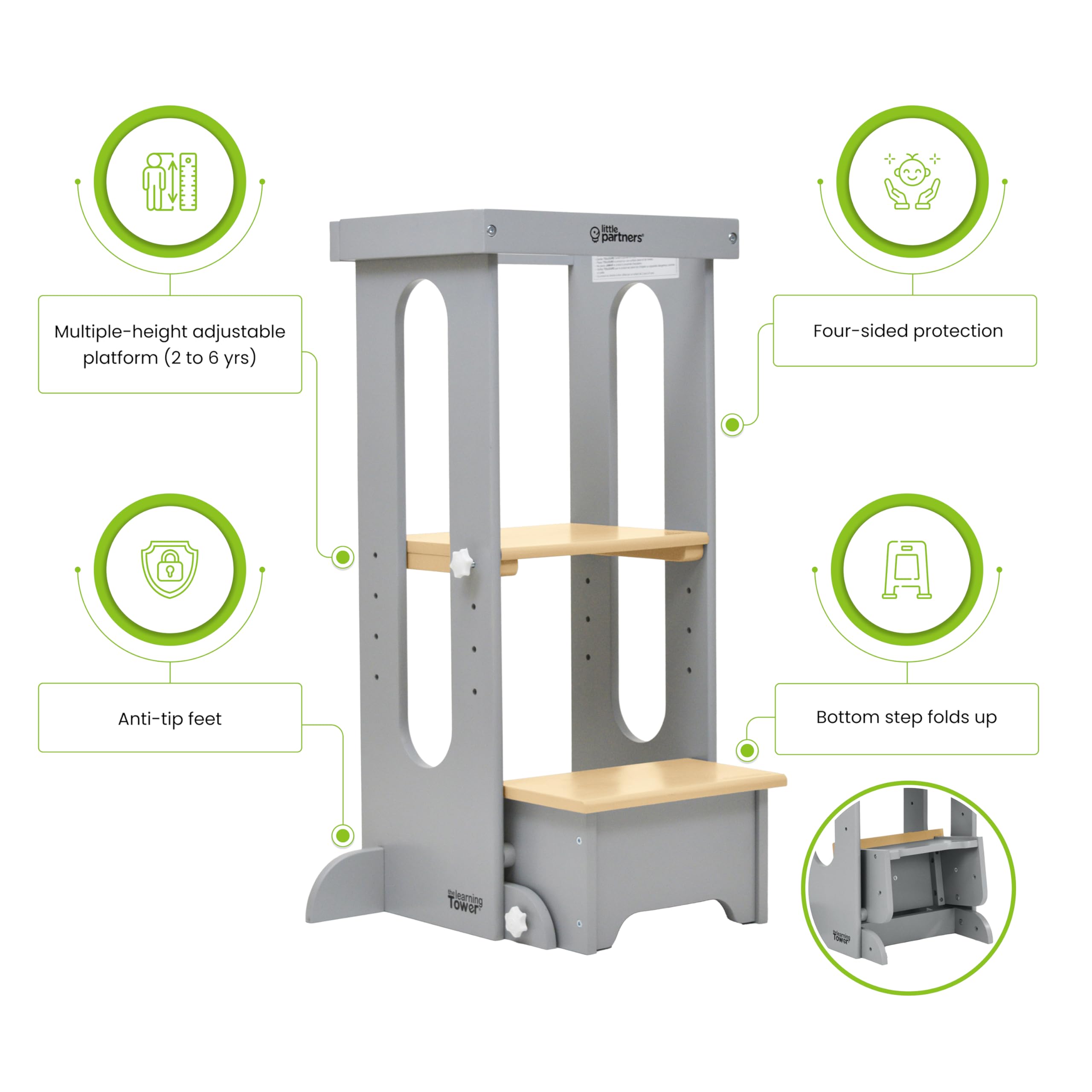 Tower weight capacity of 150 lbs shown in a practical home-use scenario.