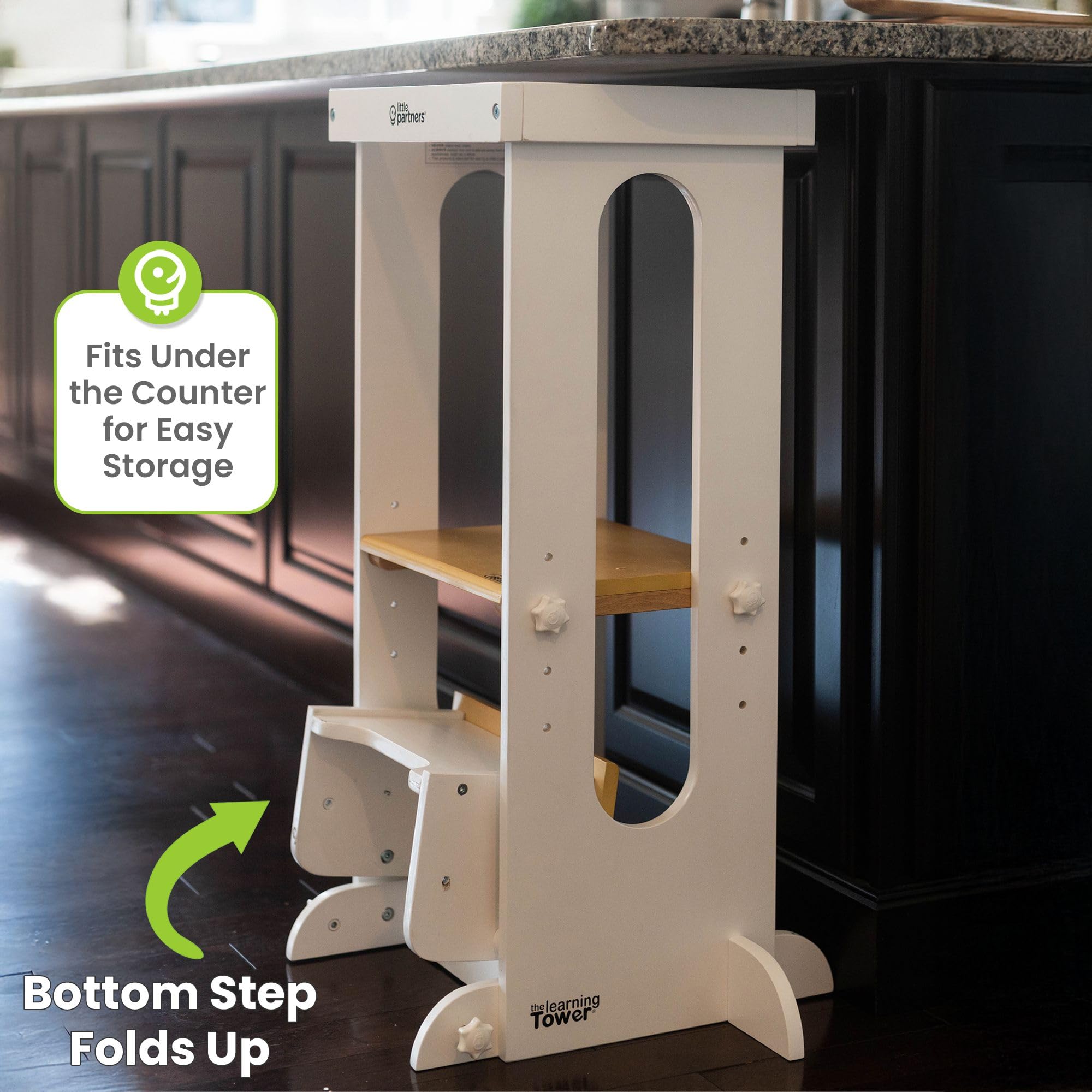 Little Partners height-adjustable tower allows safe, stage-by-stage participation at the counter.