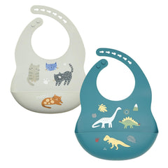 Little Rawr baby silicone bib with gray-blue food catcher for mess-free meals