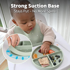 Little Rawr blue adjustable bib pocket catches crumbs and drips.