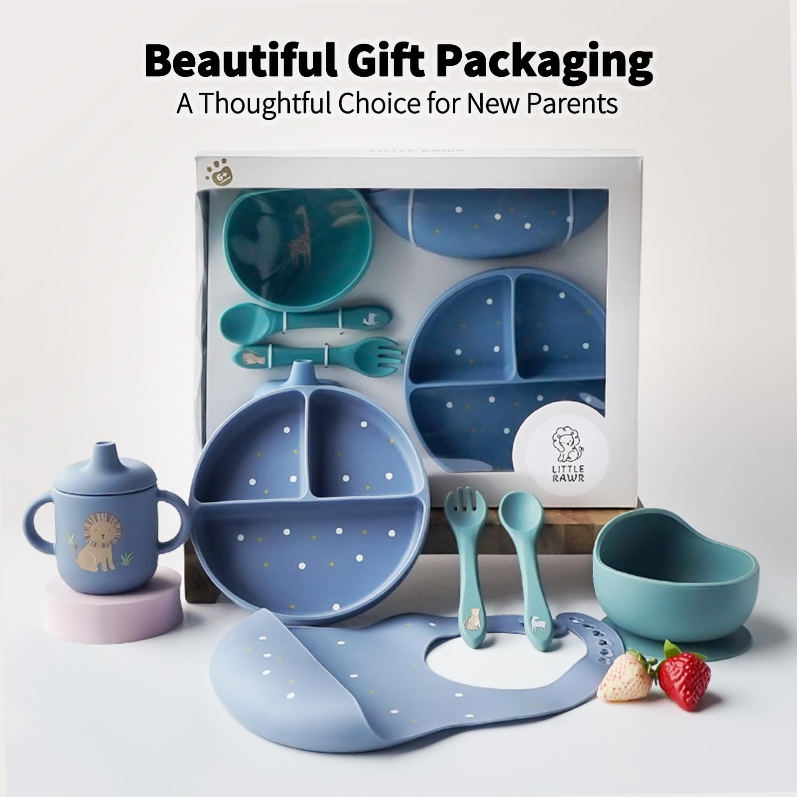 Little Rawr blue dishwasher-safe set for easy cleaning.