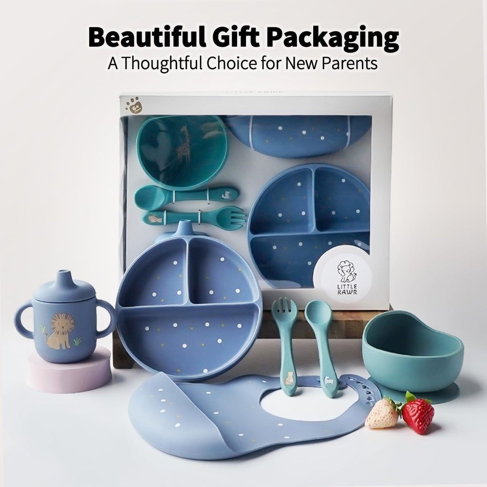 Little Rawr blue dishwasher-safe set for easy cleaning.