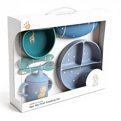 Little Rawr blue divided plate with suction bowl for mess-free self-feeding.