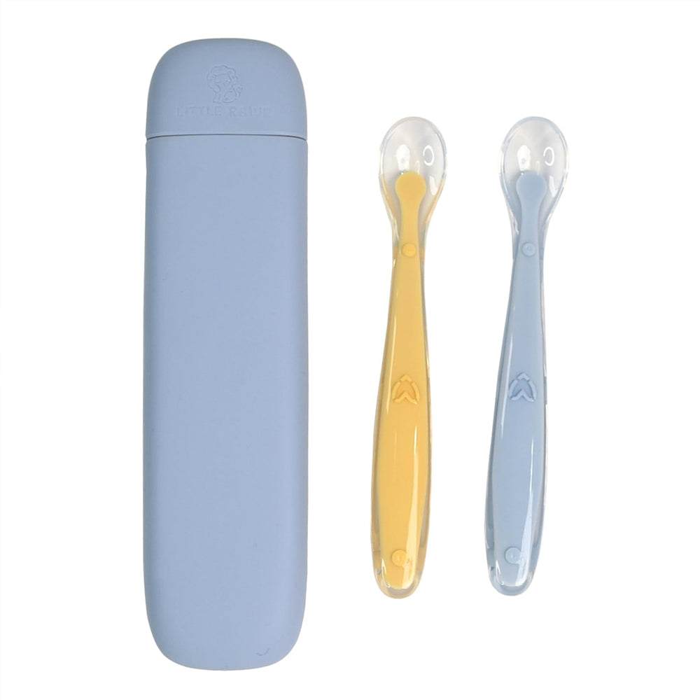 Little Rawr silicone baby feeding spoons with blue case for mess-free travel meals.