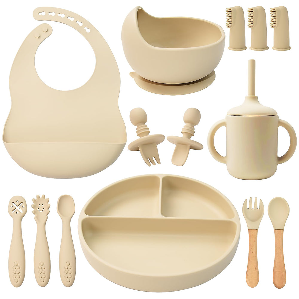 Little Rawr suction-divided plate beige helps contain meals during self-feeding