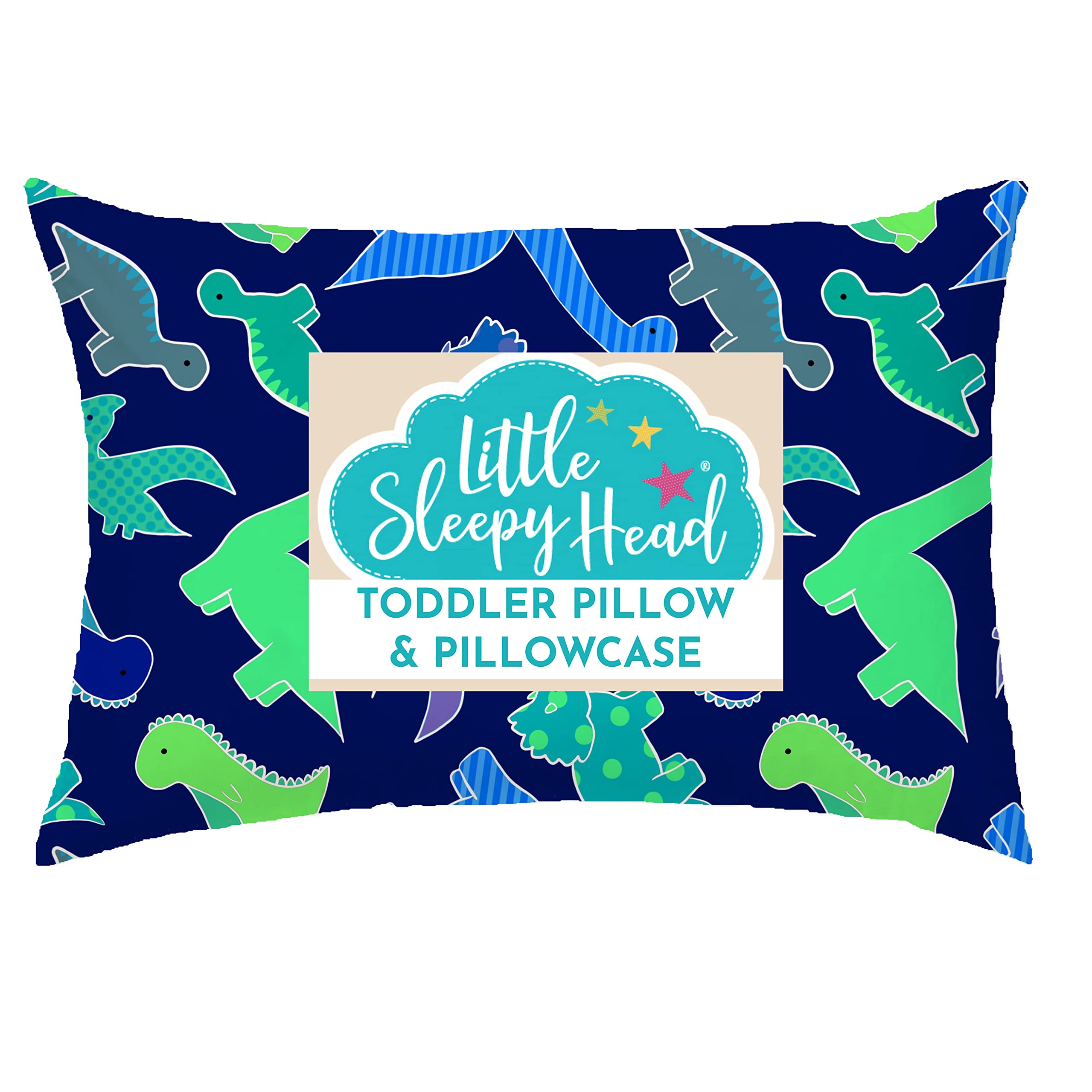 Little Sleepy Head dinosaur blue pillow offers gentle neck support at bedtime.