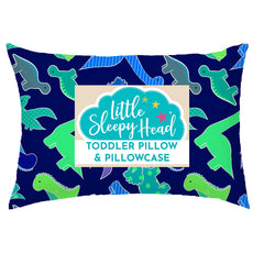 Little Sleepy Head dinosaur blue pillow offers gentle neck support at bedtime.