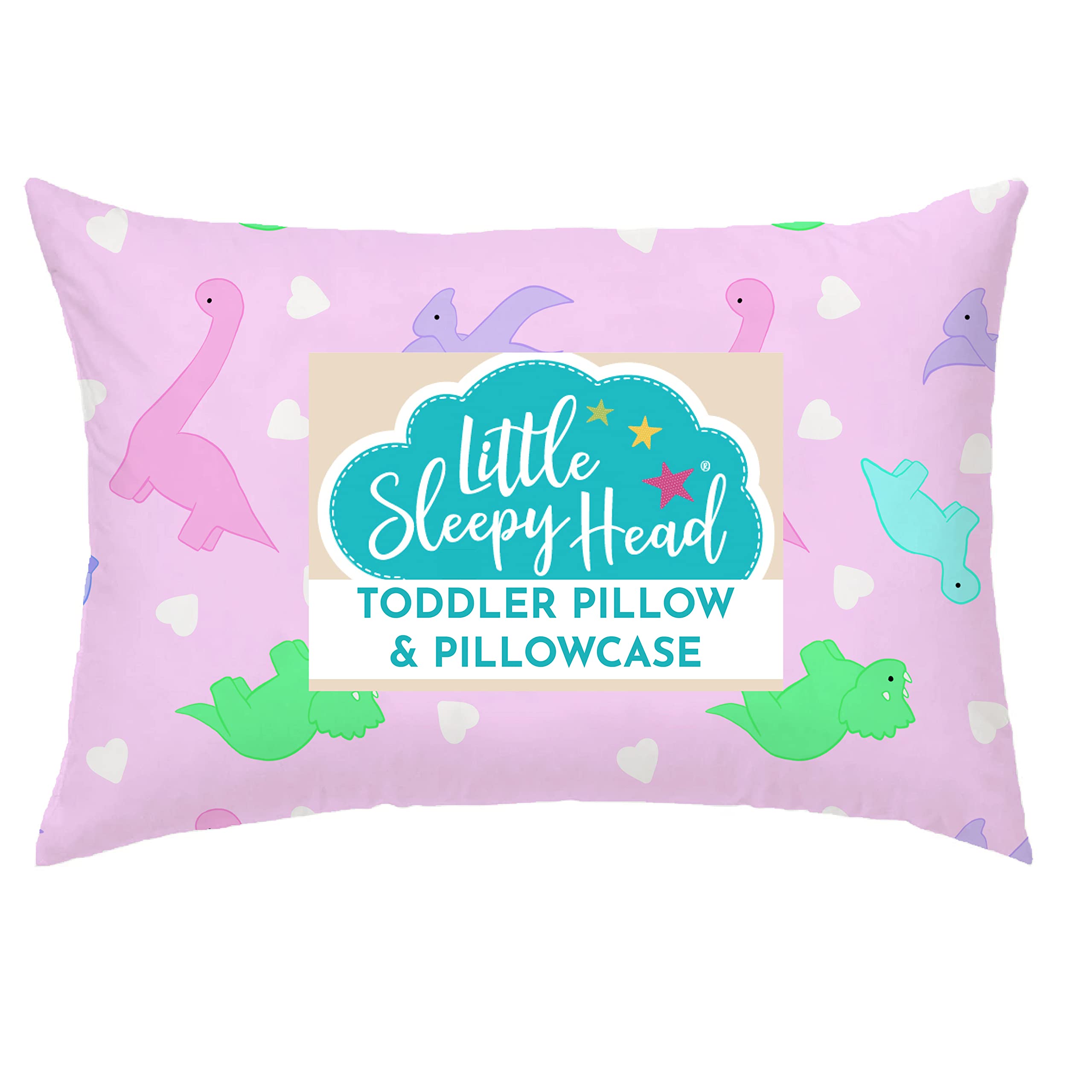 Little Sleepy Head toddler pillow dinosaurs pink front view for neck support