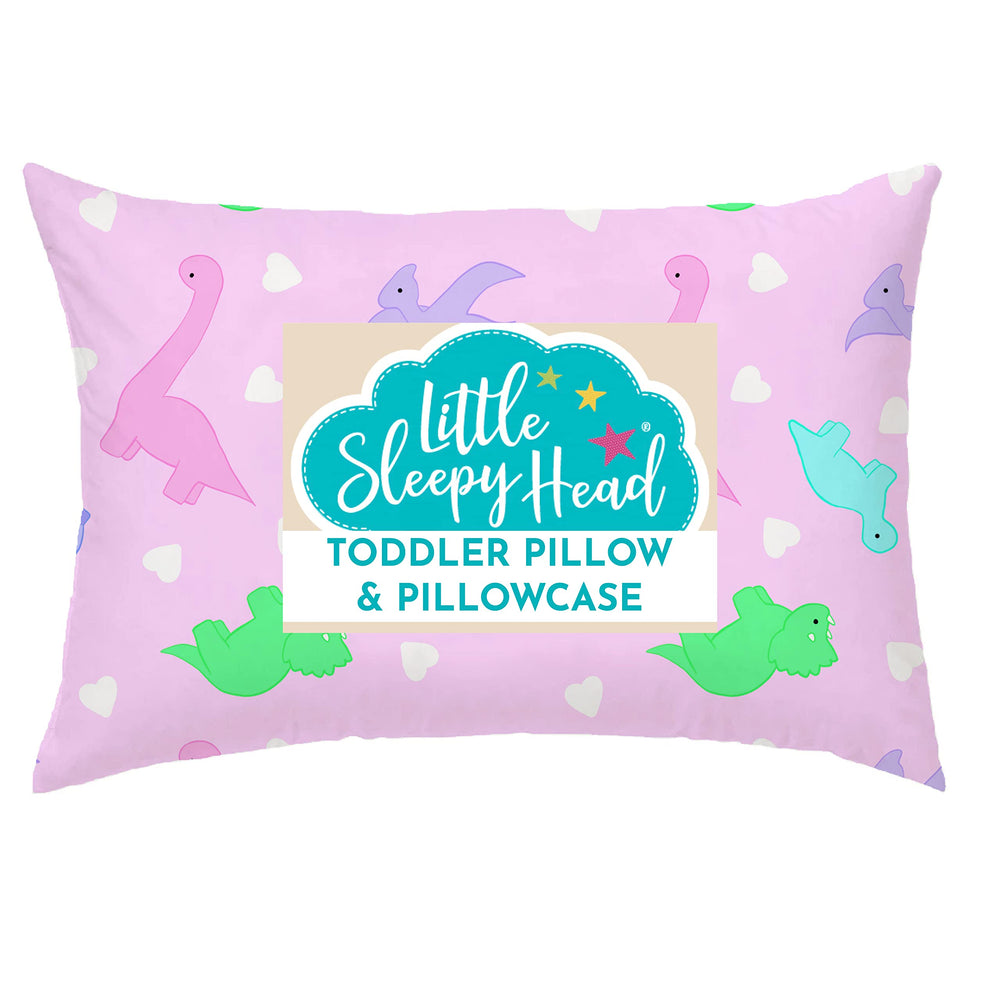 Little Sleepy Head toddler pillow dinosaurs pink front view for neck support