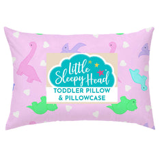 Little Sleepy Head toddler pillow dinosaurs pink front view for neck support