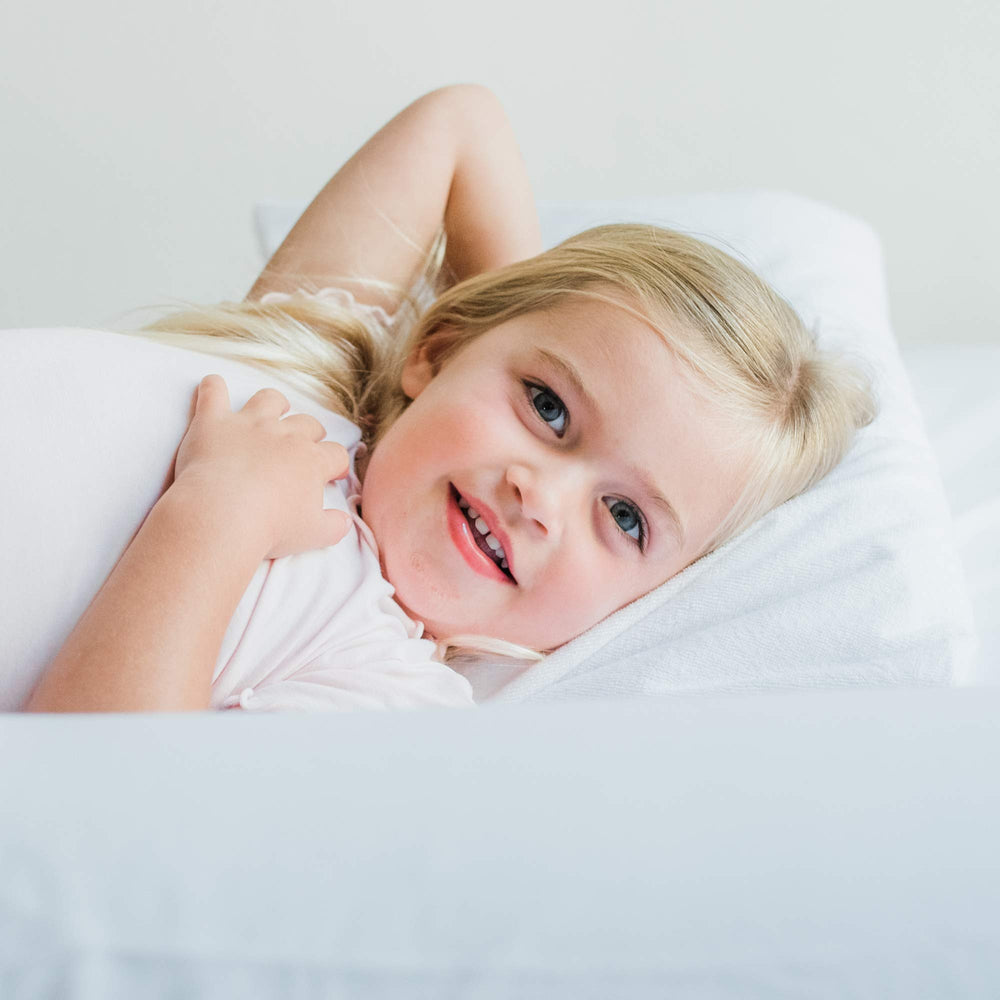 Little Sleepy Head toddler pillow protector zipper closeup showing smooth, easy use.