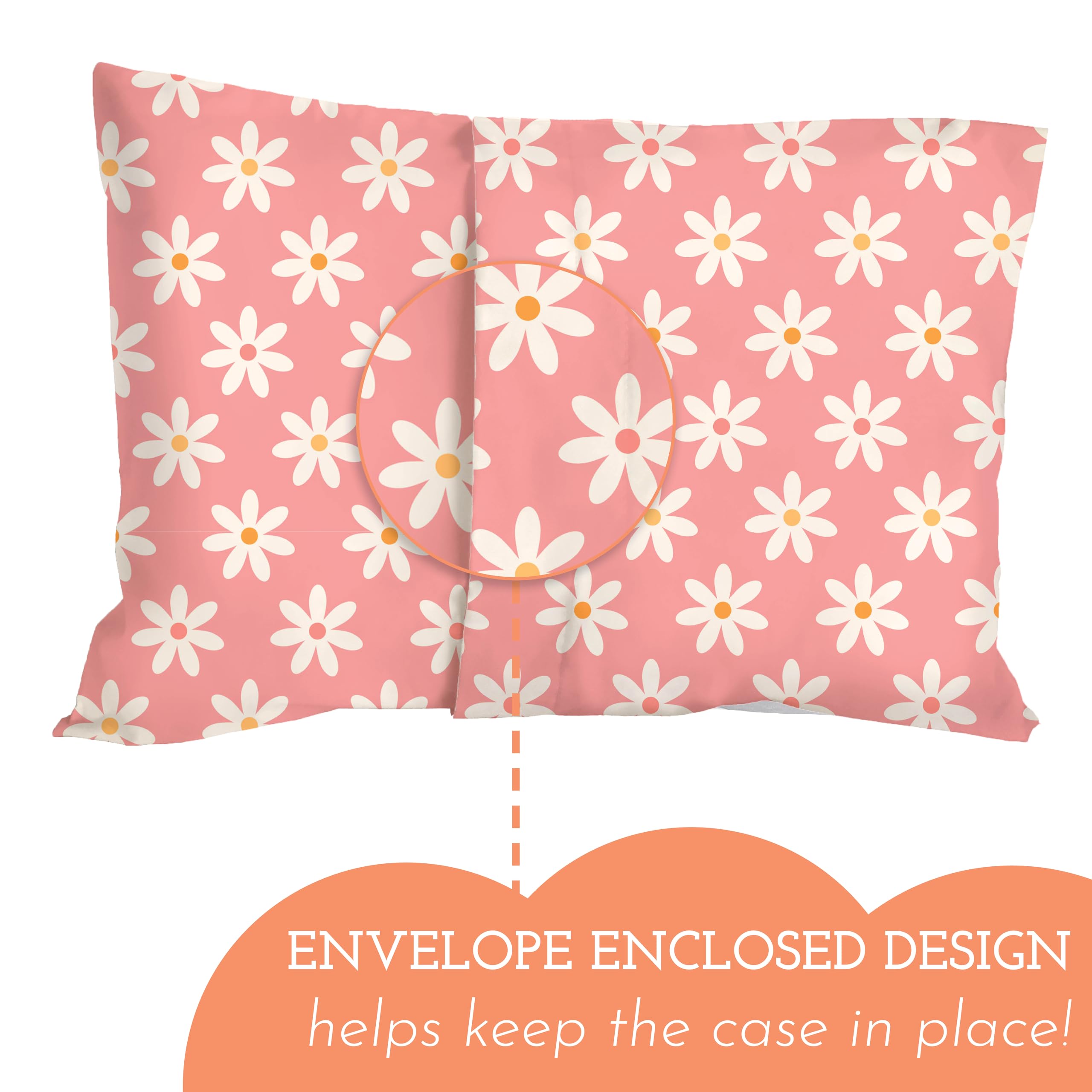 Little Sleepy Head daisies pillowcase envelope closure demonstrates secure, slip-free fit.